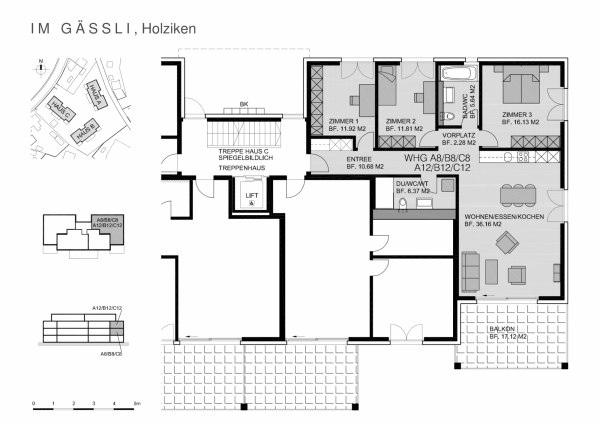 Plan 1./2. Obergeschoss 4 ½-Zimmer-Wohnungen A8/B8/C8/A12/B12/C12